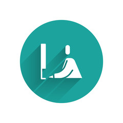 Poster - White Student working at laptop icon isolated with long shadow. Workplace concept. Green circle button. Vector Illustration.