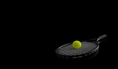 Tennis Racket And Ball Isolated On The Black Background - 3D Illustration 