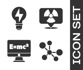 Set Molecule, Light bulb with lightning, Equation solution and Radioactive in location icon. Vector.