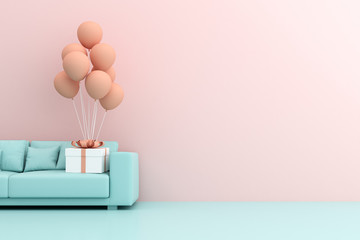 Poster - 3d rendering of gift box and balloons on sofa.	