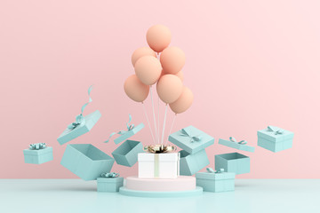 Poster - 3d rendering of gift box and balloons on pink background.