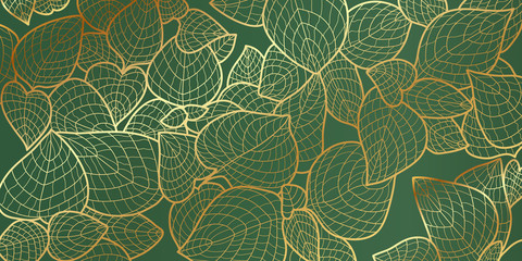 Golden leaf green botanical modern art deco wallpaper background vector. Line arts background design for interior design, vector arts, fashion textile patterns, textures, posters, wrappers, etc.
