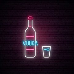 Vodka neon sign. Bright light signboard with Vodka bottle and shot. Neon alkohol emblem. Vector illustration.