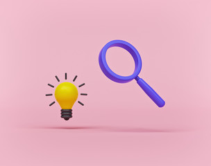 Fototapete - minimal light bulb and magnifying glass. finding or searching business ideas concept. 3d rendering