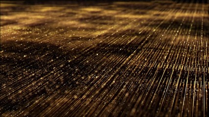 Poster - Futuristic digitally generated golden abstract de-focus particles grid motion in cyber space environment background