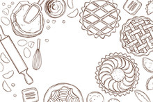 Hand Drawn Kitchenware  For Baking Pies. Vector Background.