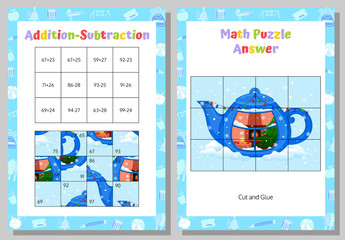 Wall Mural - Addition, Subtraction Math Puzzle Worksheet. Educational Game. Mathematical Game. 