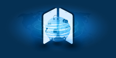 Poster - Abstract Blue Minimal Style Cloud Computing, Networks, Consumer Mobile Telecommunications Concept Design with Mobile Phones, Flowing Data, Icons Representing Various Services - Vector Illustration