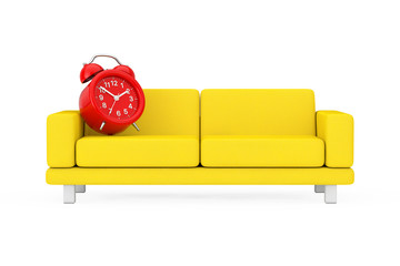 Poster - red alarm clock with yellow simple modern sofa furniture. 3d rendering