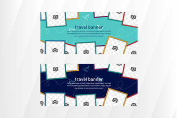 Poster - horizontal layout banner template design for travel banner use photo collage on top and bottom. dark and soft blue colors background.  