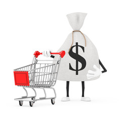 Poster - Tied Rustic Canvas Linen Money Sack or Money Bag and Dollar Sign Character Mascot with Shopping Cart Trolley. 3d Rendering