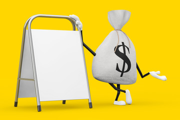 Leinwandbilder - Tied Rustic Canvas Linen Money Sack or Money Bag and Dollar Sign Character Mascot with White Blank Advertising Promotion Stand. 3d Rendering