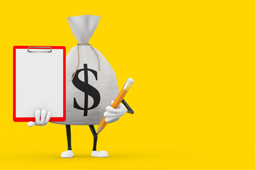Poster - Tied Rustic Canvas Linen Money Sack or Money Bag and Dollar Sign Character Mascot with Red Plastic Clipboard, Paper and Pencil. 3d Rendering