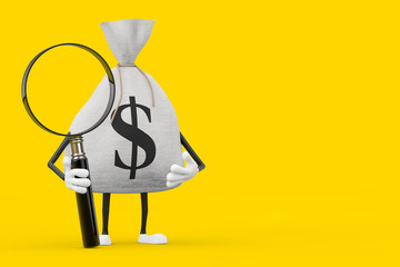 Poster - Tied Rustic Canvas Linen Money Sack or Money Bag and Dollar Sign Character Mascot with Magnifying Glass. 3d Rendering