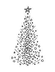Wall Mural - Hand-drawn abstract vector ink drawing. New Year tree in the snow, balls, star. For prints of cards, invitations, labels. Christmas design.