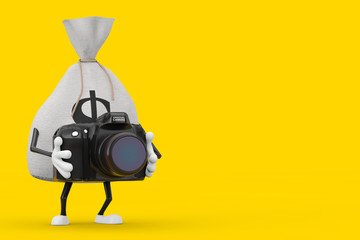 Leinwandbilder - Tied Rustic Canvas Linen Money Sack or Money Bag and Dollar Sign Character Mascot with Modern Digital Photo Camera. 3d Rendering