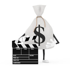 Leinwandbilder - Tied Rustic Canvas Linen Money Sack or Money Bag and Dollar Sign Character Mascot with Movie Clapper Board. 3d Rendering