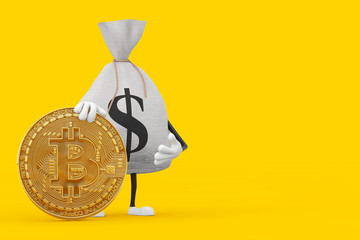 Aufkleber - Tied Rustic Canvas Linen Money Sack or Money Bag and Dollar Sign Character Mascot with Digital and Cryptocurrency Golden Bitcoin Coin. 3d Rendering