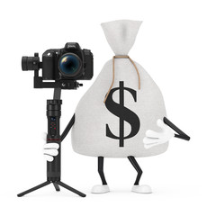 Poster - Tied Rustic Canvas Linen Money Sack or Money Bag and Dollar Sign Character Mascot with DSLR or Video Camera Gimbal Stabilization Tripod System. 3d Rendering