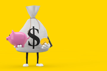 Leinwandbilder - Tied Rustic Canvas Linen Money Sack or Money Bag and Dollar Sign Character Mascot with Piggy Bank and Golden Dollar Coin. 3d Rendering