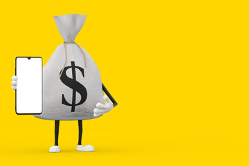 Poster - Tied Rustic Canvas Linen Money Sack or Money Bag and Dollar Sign Character Mascot with Modern Mobile Phone with Blank Screen for Your Design. 3d Rendering