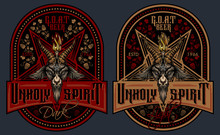 "Unholy Spirit" - Beer Label Design. Vector Illustration Of Baphomet Goat Head In Pentagram With Stylish Lettering And Beer Hops Ornament. Isolated On Gray Background.