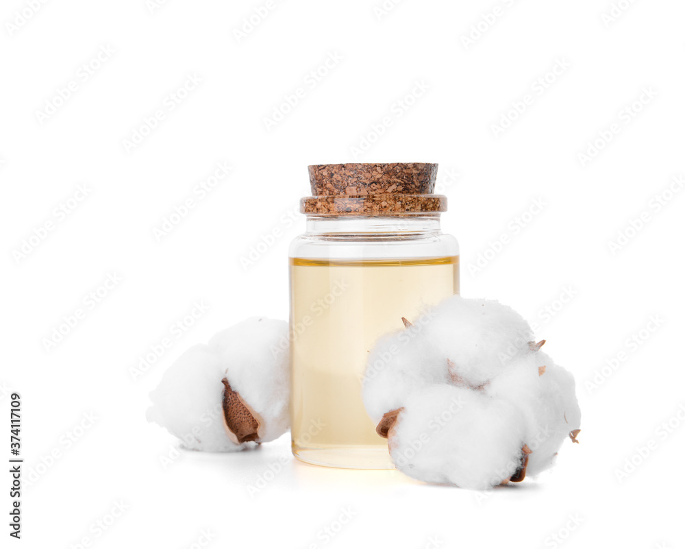 Bottle of cottonseed oil on white background
