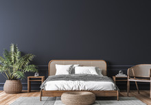 Dark Bedroom Interior Mockup, Wooden Rattan Bed On Empty Dark Wall Background, Scandinavian Style, 3d Render
