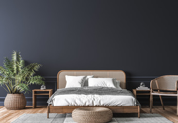 Dark bedroom interior mockup, wooden rattan bed on empty dark wall background, Scandinavian style, 3d render