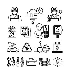 Electricity Electrician Technician Electrical Equipment Vector Line Icons