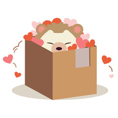 Wall Mural - The character of cute hedgehog in the paper box with a lot of heart on the white background. The character of cute hedgehog sitting in the paper box in flat vector style.