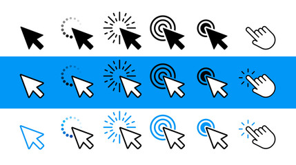 Poster - Computer mouse click cursor black, white and blue arrow icons set. Vector