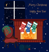New Year 2021.Living Room Interior With Fireplace With Christmas Knitted Socks For Presents,empire Armchair With Checkered Plaid.Winter Cozy Atmosphere.Family Reunion.Cat Sleeps.Vector Illustration