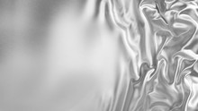 Smooth Elegant Wavy Silver Silk Satin Texture With Copy Space. Silver Cloth Abstract Background. 3D Rendering.
