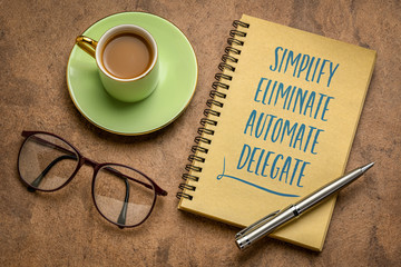 Wall Mural - simplify, eliminate, automate, delegate productivity advice - motivational handwriting in a sketchbook with a cup of coffee, business and personal development concept