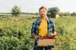 © LIGHTFIELD STUDIOS - farmer in checkered shirt looking at camera while standing on plantation with box full of fresh vegetables