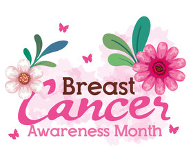 Wall Mural - symbol of world breast cancer awareness month in october with flowers, leaves and butterflies vector illustration design