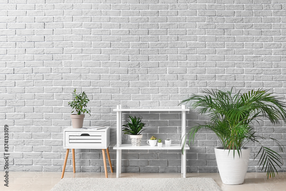 Rack with houseplants near grey brick wall in room