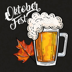 Sticker - oktoberfest festival celebration with jar beer and autumn leaf vector illustration design