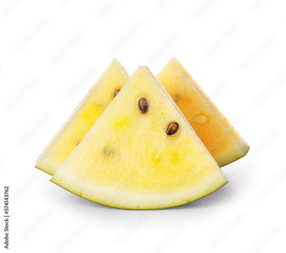 Cut yellow watermelon on white background