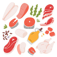 Cooking Food Ingredients, Beef And Lamb Meat, Salmon And White Fish Fillet Ans Steak, Hand Drawn Vector Illustration, Isolated Icons, Flax Seeds And Vegetable Oil