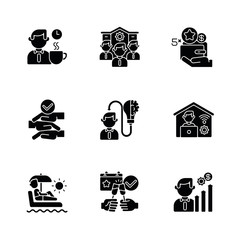 Sticker - Company employment benefits black glyph icons set on white space. Healthy working conditions, career opportunities, bonuses. Professional occupation silhouette symbols. Vector isolated illustrations