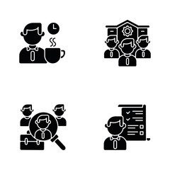 Sticker - Recruitment black glyph icons set on white space. Company personnel, coffee break, headhunting and professional demands. Job application, hiring silhouette symbols. Vector isolated illustrations