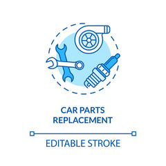 Car parts replacement concept icon. Repairing vehicle components idea thin line illustration. Old cars maintenance. Auto mechanic tools. Vector isolated outline RGB color drawing. Editable stroke