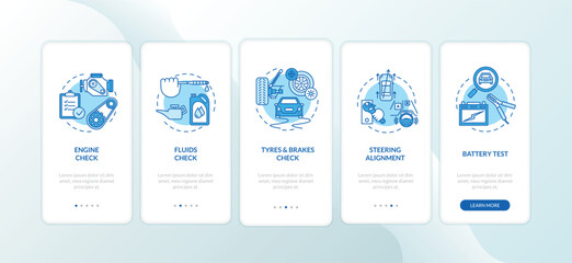 Wall Mural - Full car service onboarding mobile app page screen with concepts. Engine checkup, battery diagnostics walkthrough 5 steps graphic instructions. UI vector template with RGB color illustrations