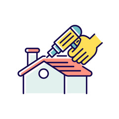 Sticker - Roof constructing RGB color icon. Rooftop construction. Outdoors renovation. Roofing nailer. Exterior renovation. Pneumatic stapler. Home maintenance and remodeling. Isolated vector illustration