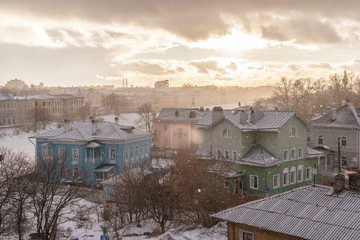 Wall Mural - Winter rooftop cityscape of small Russian town