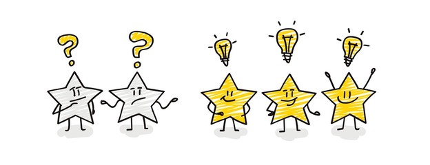 Sticker - Doodle stick figures: five funny stars with question mark and bulb icons.