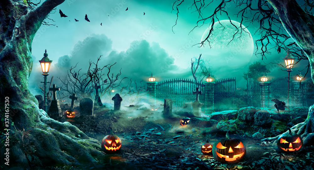Jack O' Lanterns In Graveyard In The Spooky Night - Halloween Backdrop ...