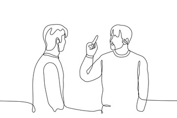 Poster - two men face each other, one of whom gestures with his right hand with his forefinger out. One continuous line drawing concept of boss and subordinate, father and son, teacher and student, order